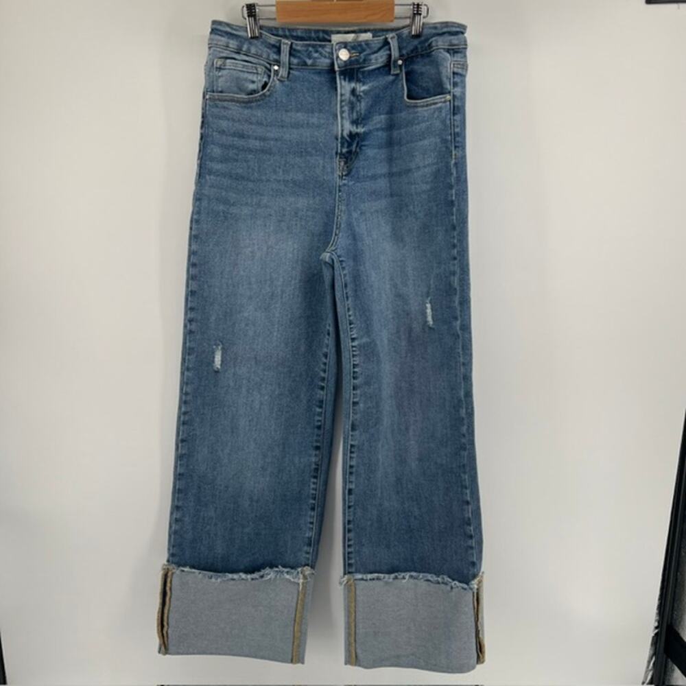Risen High Rise Wide Leg Stretch Cuffed Denim Jeans Womens 32 Distressed Light